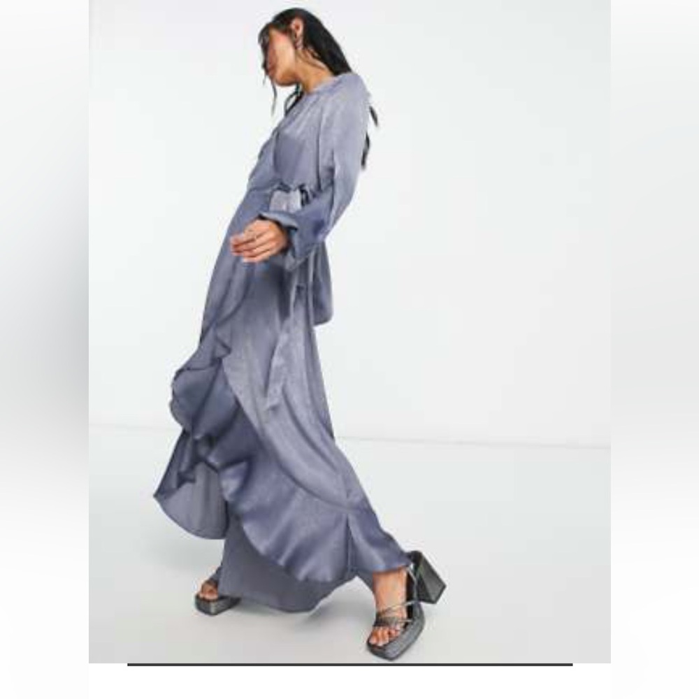 Flounce London-Flounce London satin long sleeve wrap midi dress in charcoal